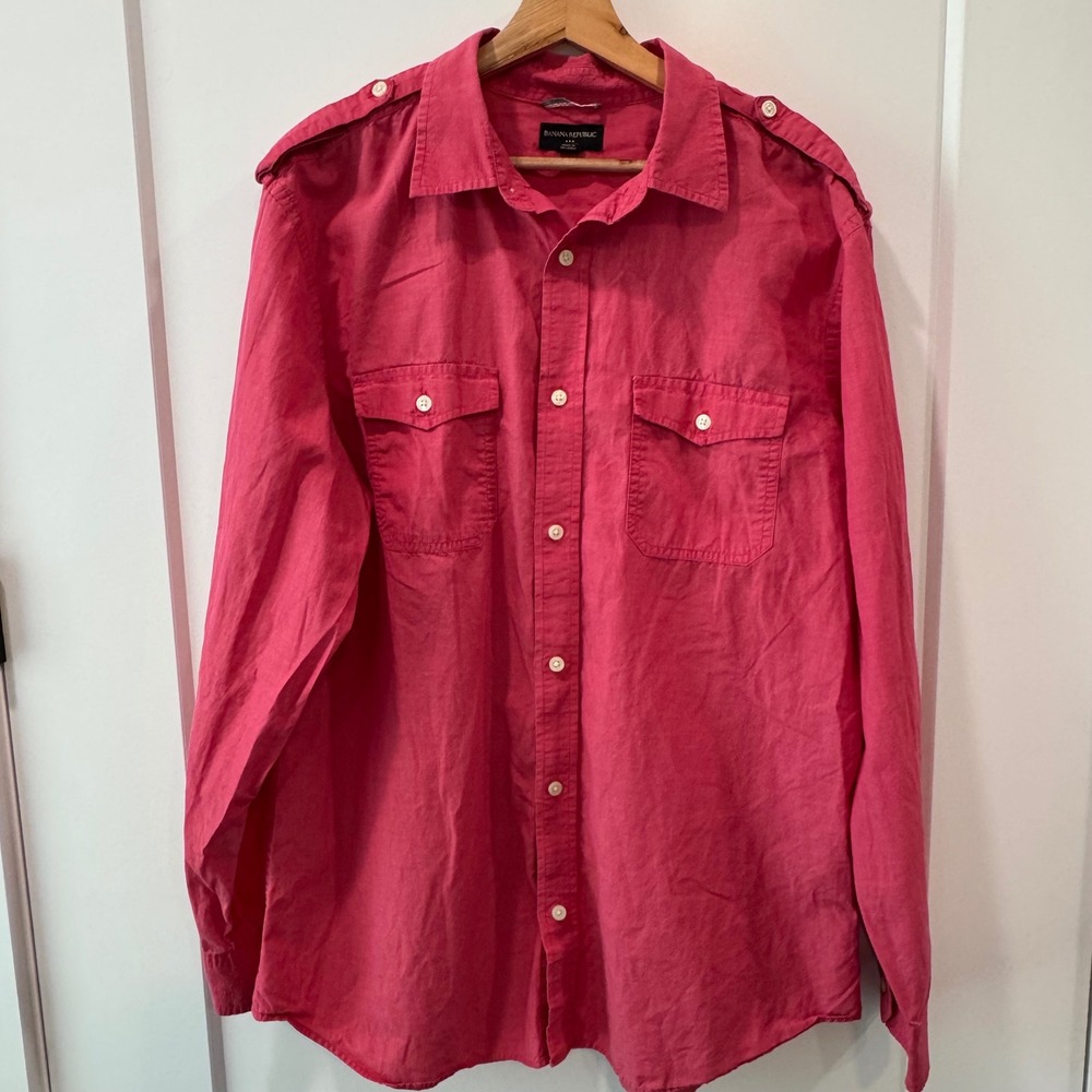 Banana Republic Mens XL Pink Red Button Down Shirt Preppy Y2K Retro Casual